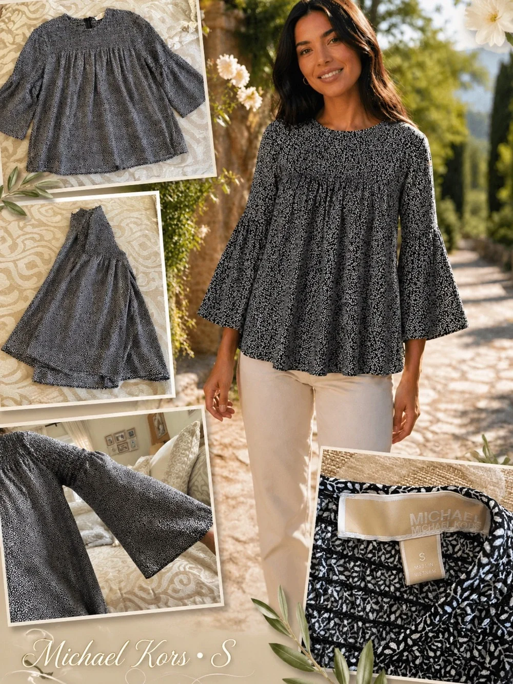 Michael Kors Black White Smocked Tunic Blouse Size S